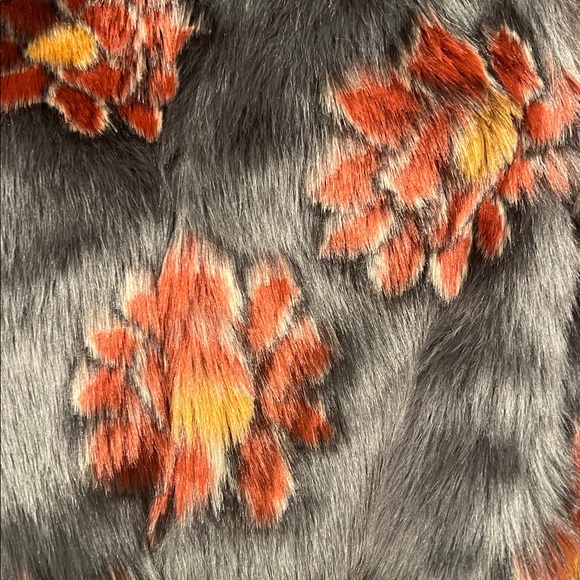 Unreal Fur Moon Flower Boho Gray 3D Red Lotus Print Faux Fur Coat - Picture 6 of 6